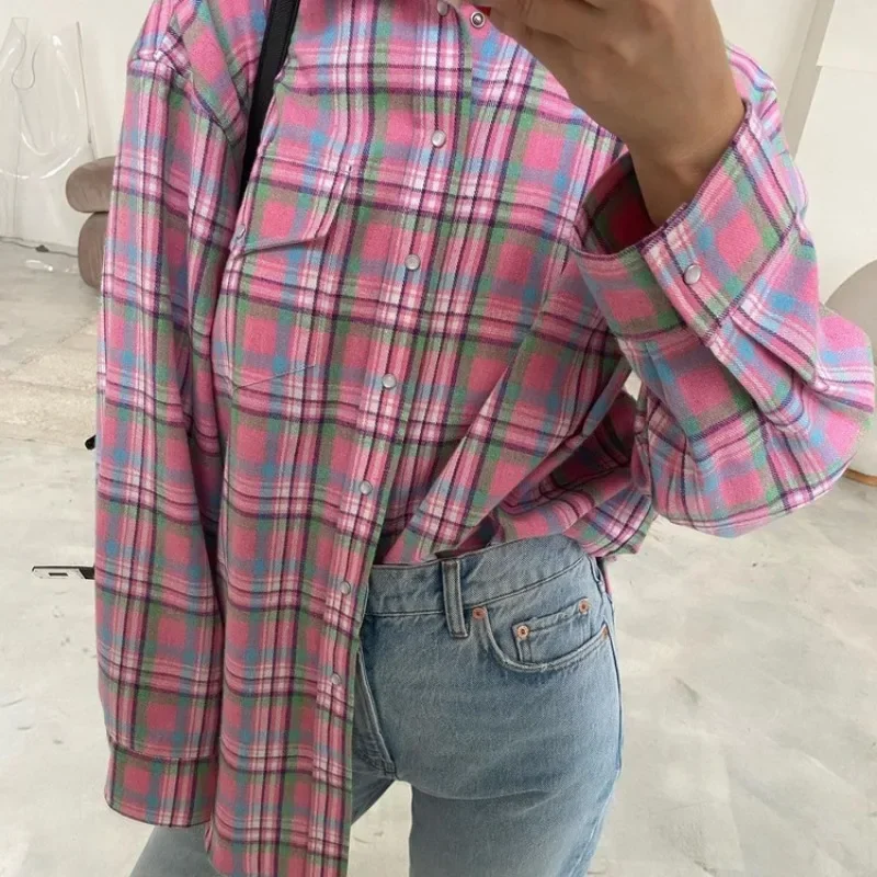 Autumn Women Vintage Plaid Shirt Top Elegant Y2K INS Fashion Long Sleeve Turn Down Collar Single Breasted Pocket Loose Blouse