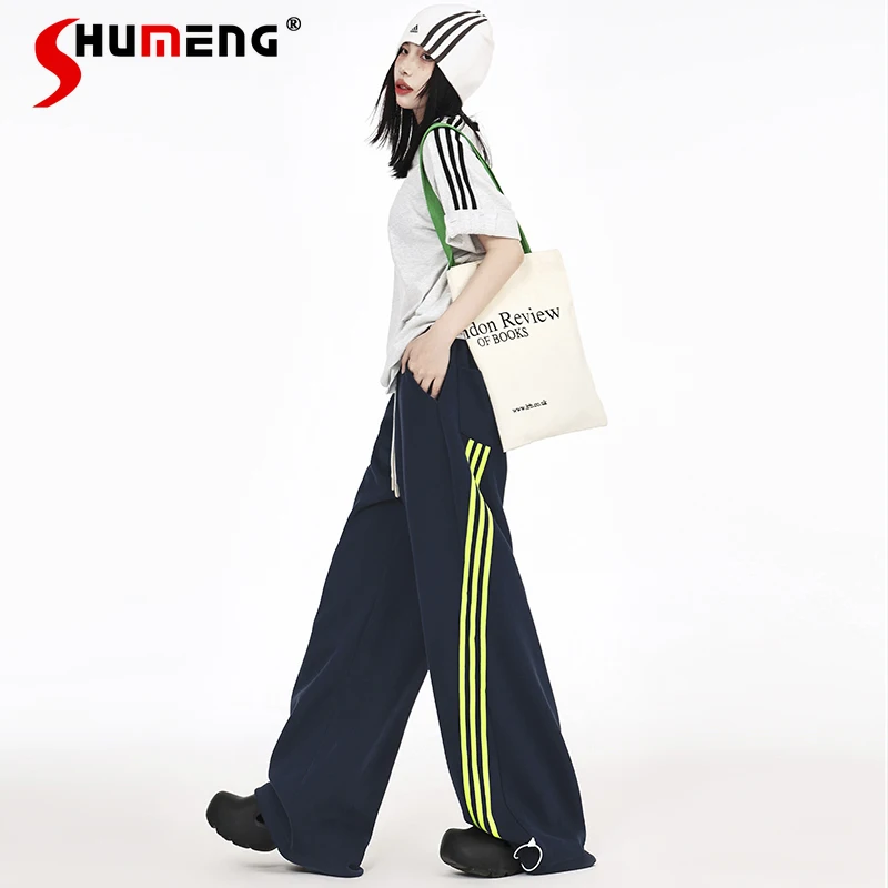 

2024 Autumn New Striped Sports Pants Women Low Waist Loose Slim Casual Trousers Student Streetwear Fashion Wide Leg Pants