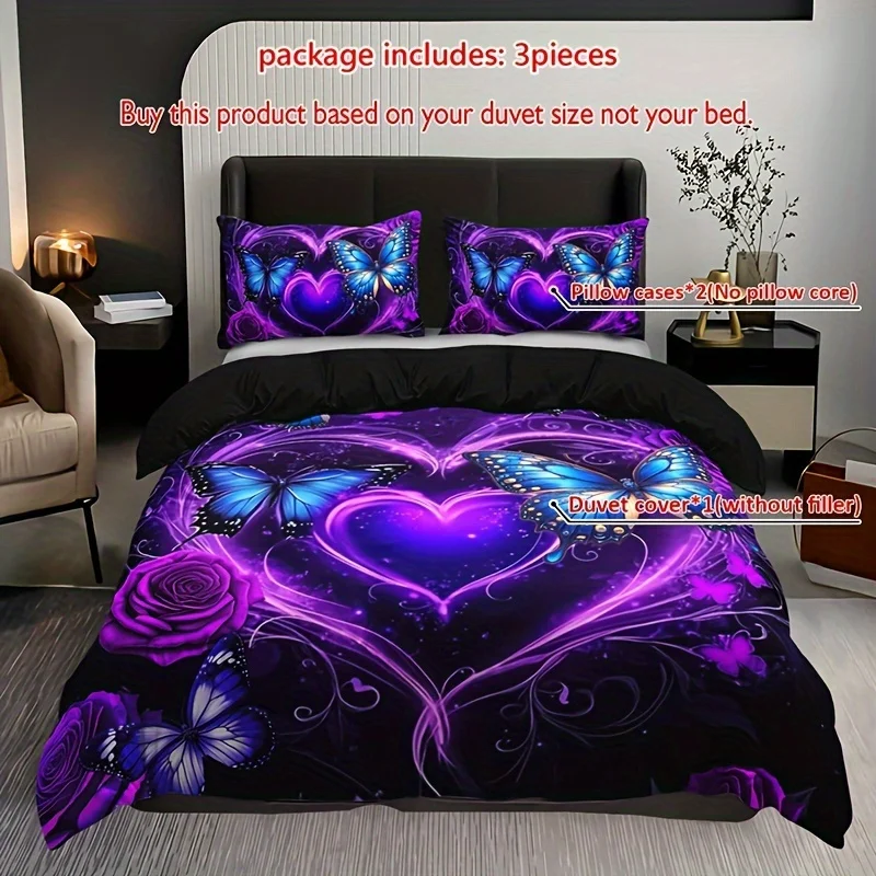 Breathable 3pcs All-Season Purple Heart Rose Butterfly Duvet Cover Set Machine Washable Includes Duvet Cover and 2 Pillowcases