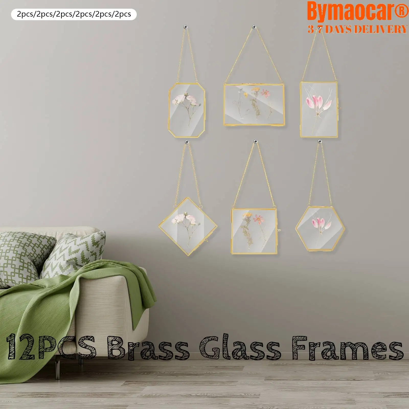 

12PCS Brass Glass Frames Wall Hanging for Pressed Flowers, with Chain for Dried Flowers, Dried Plant Leaf, and Wall Decor