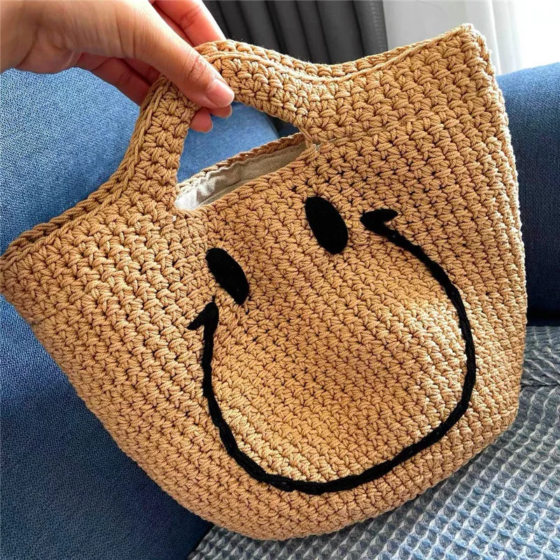 Imagem -04 - Ins Pure Hand Woven Bags para Mulheres Smiley Literary Retro Bonito Palha Mão Linha de Algodão All-match Handbag