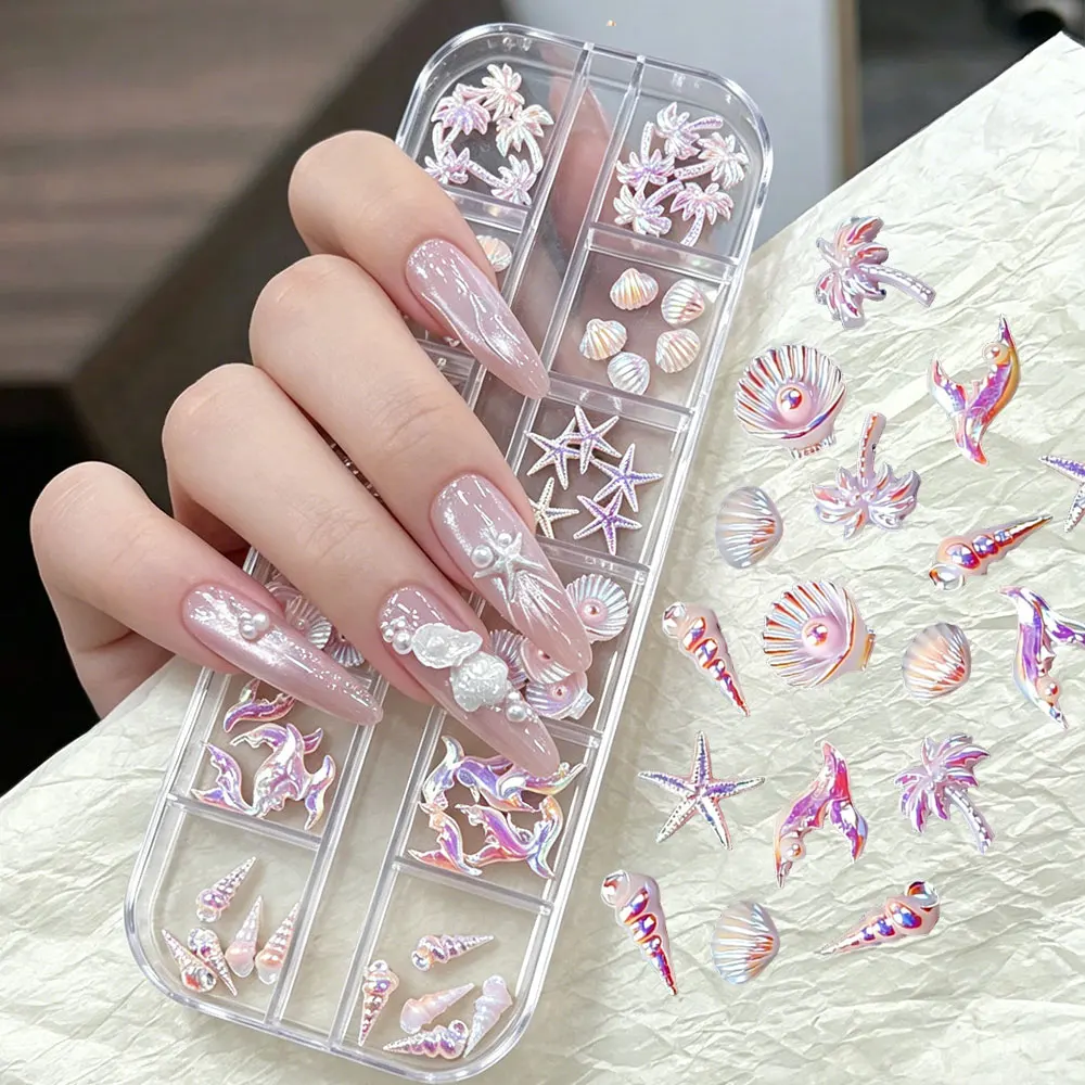 12 Grids Summer Ocean Theme Pink Nail Charms 3D Shell Starfish Fishtail Palm Tree Resin Nail Decoration Beach Style Nail Suplies