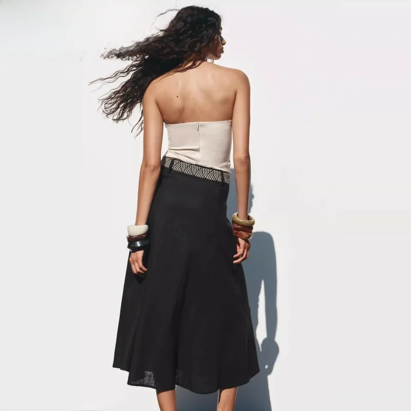 

Длинная юбка-миди трапециевидной формы с высокой талией, смешанная льняная ткань, новые летние женские юбки с поясом, универсальный цвет