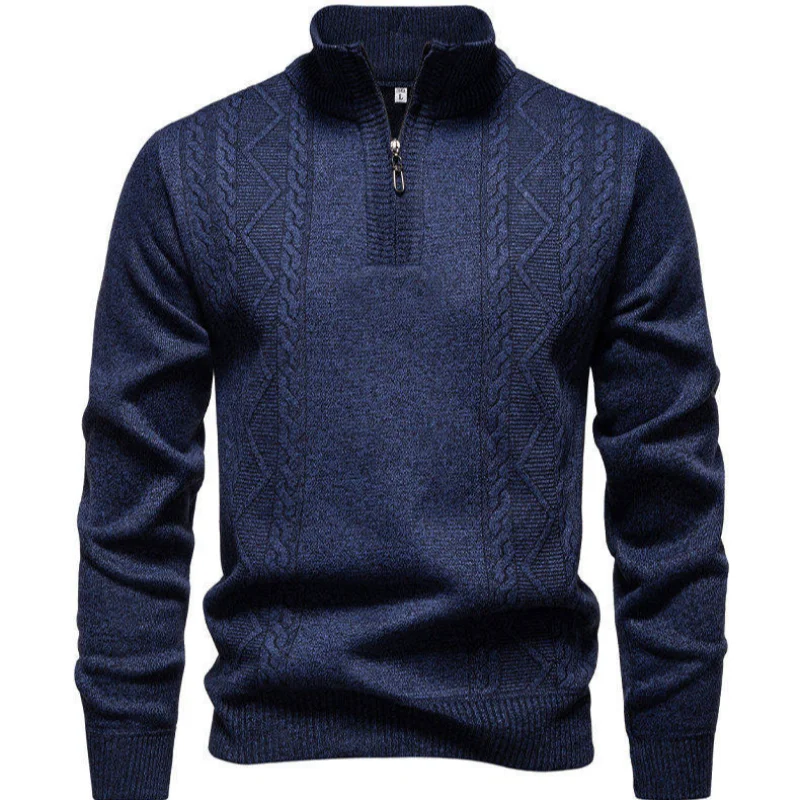 Men Fleece Lined Jacquard Sweater Autumn Winter New Stand Collar Pullover Zip Mock Neck Casual Loose Soft Knit Top