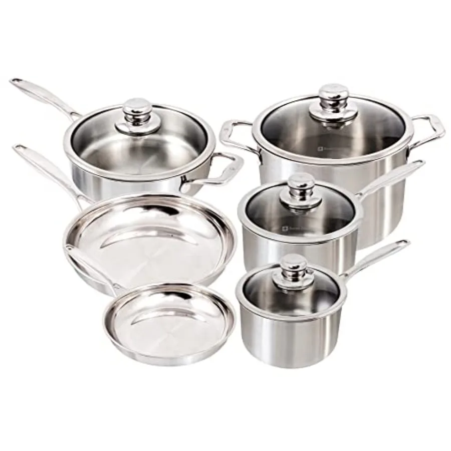 

Kitchen cookware set: 5-ply stainless steel, satin finish, induction-compatible, oven and dishwasher safe, silver