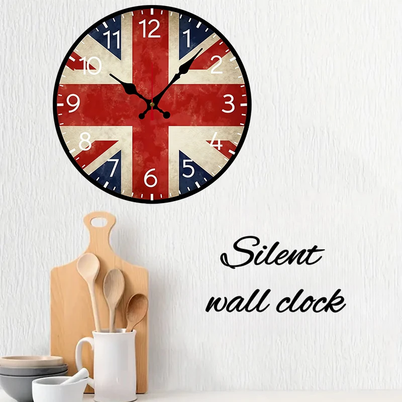 Flag Design Wooden Round Silent Hanging Wall Clock, Suitable For Living Room, Office, Study Room, Bedroom, Home Decoration view 3