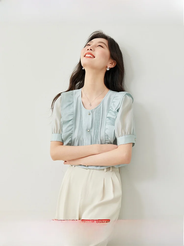 

Slimming Effect ort Sve Loose Women's irt French Sle round Ne Button up Top Ele Faionable Summer New Arrival