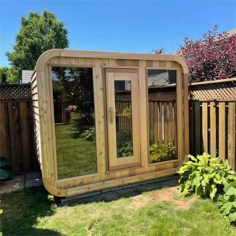 Traditional Outdoor Red Cedar Square Sauna Room with Stove Far Infrared Wet Steam Computer Control Panel