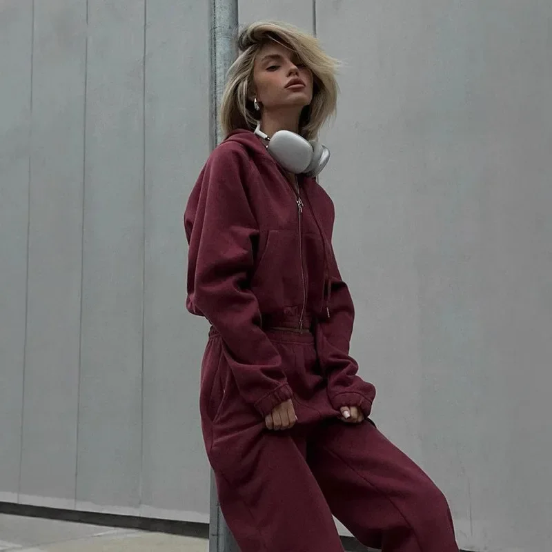 

Cross-border 2025 new product loose red women's two-piece fashion long-sleeved jacket mid-waist sweatpants women's street