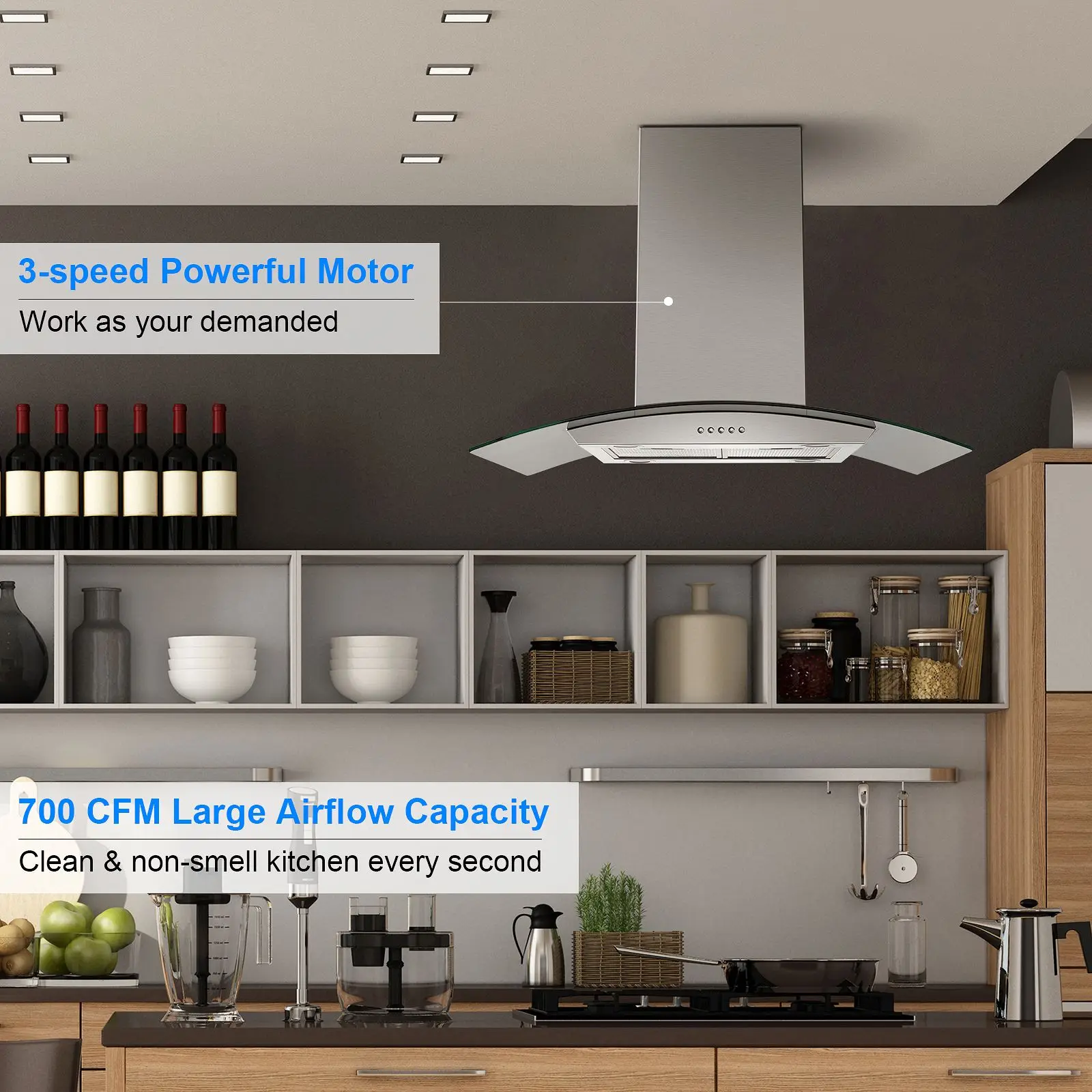 36" 700CFM Stainless Steel Island Range Hood: 3-Speed Tempered Glass & Mesh Filter with Button Control for US Kitchen