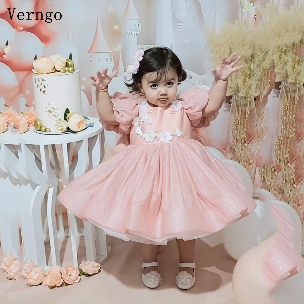 

Verngo Pink Tulle Glitter Flower Girl Dresses A Line Puff Short Sleeves Party Dress Elegant Kid Tutu Dresses Customized