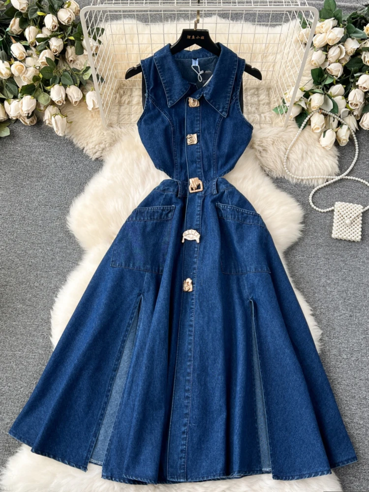 Robe en denim rétro pour femme, coupe boutonnée, taille creuse, coupe couvertes, mi-longue, revers en fibre, fente sur le genou, chaud, été