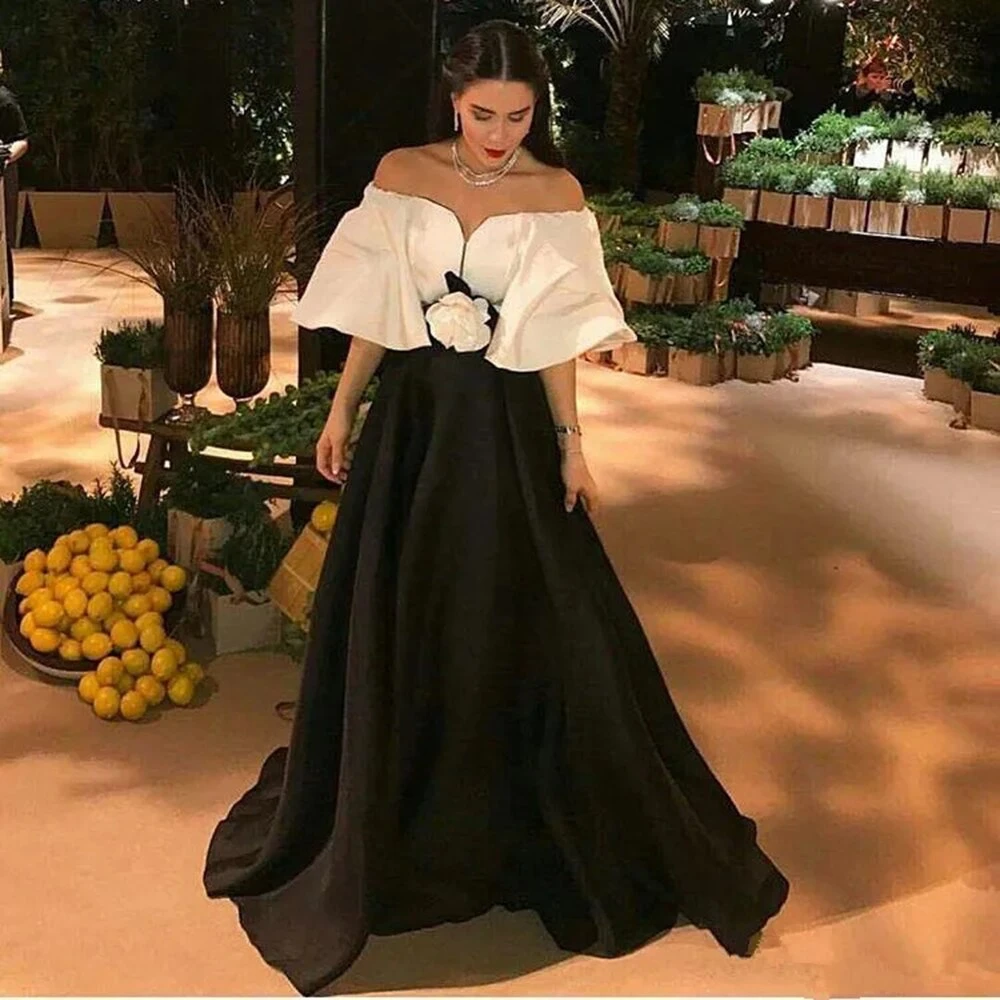 

Santorini Classical Black&White Contrast Color Dresses Saudi Arabia Women Evening Party Flower Bateau Neck Prom Formal Dress