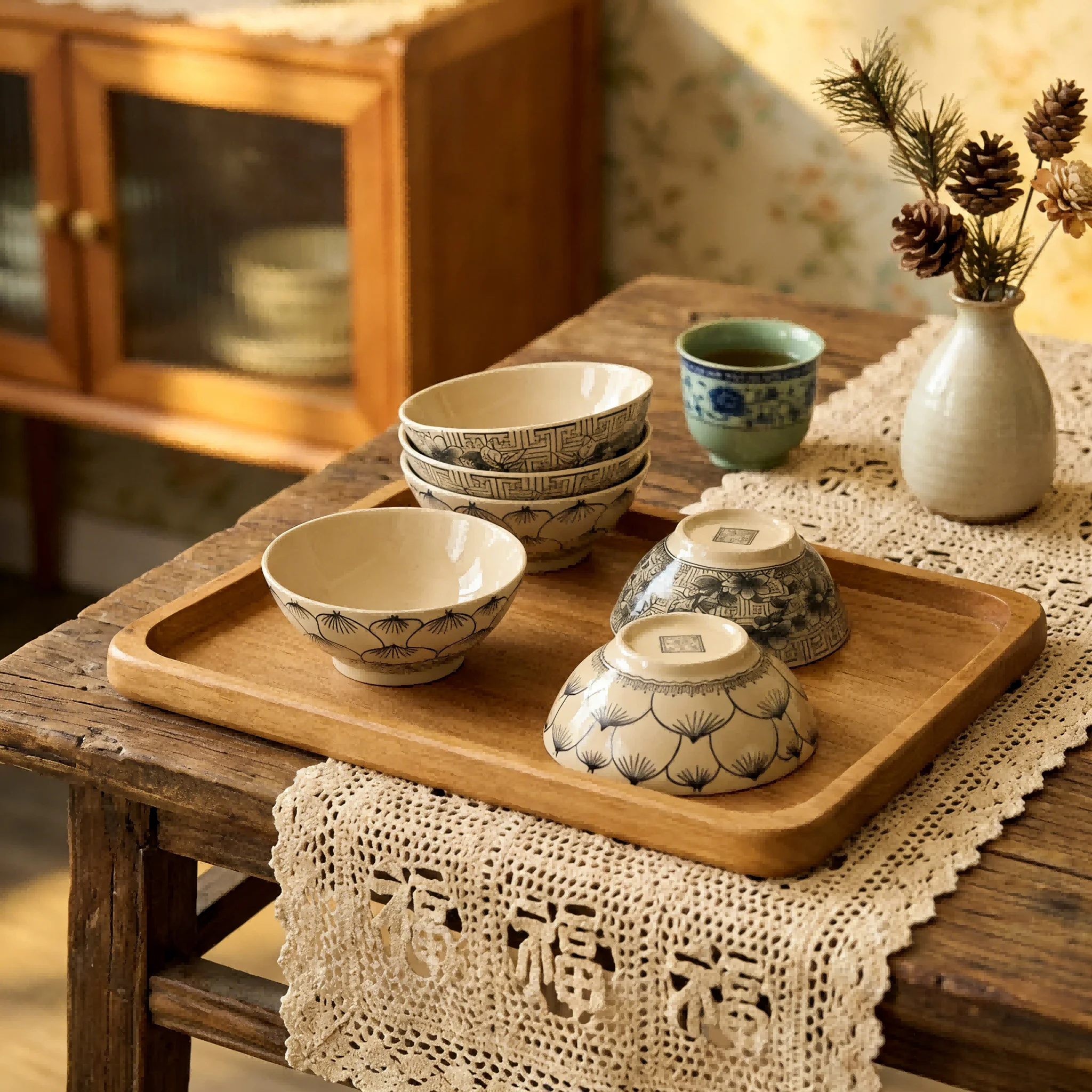 1/2/4/6-teilige Sets 5,75 Zoll Japanische Schräge Keramikschalen, Vintage Retro Blumen- & Geometrische Muster, Vielseitig für Reis