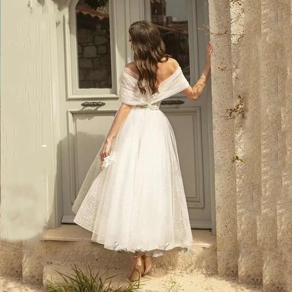 Boho curto glitter fora do ombro vestido de casamento para mulher querida pescoço ponto net chá-comprimento vestidos de noiva feitos sob encomenda