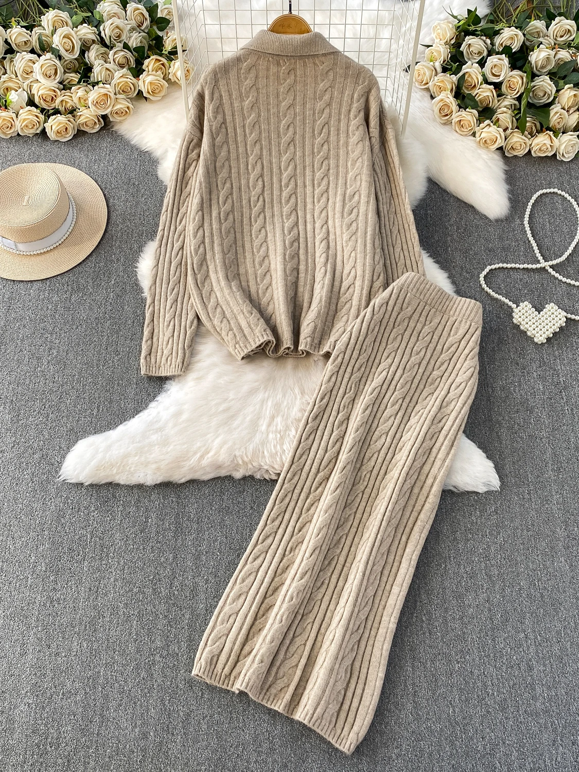 Sweter Rajutan Sle Thiened Korea dan Rok Pinggang Tinggi Set Dua Potong untuk Wanita Pakaian Pelangsing Kasual Musim Dingin