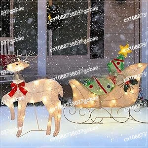 Reindeer Outdoor Decoration, 23-inch Pre-illuminated Christmas Rudolph and Santa Claus Sleigh with Lights