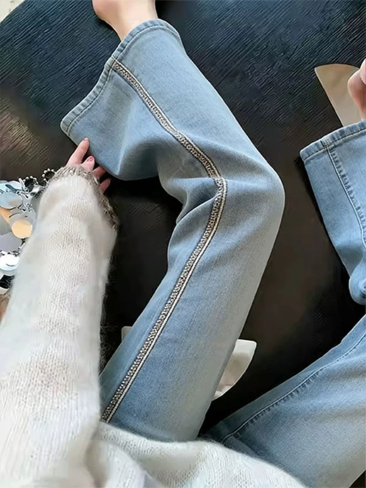 

Blue Retro Style Bell Bottom Jeans Women's Slim Fit Commute Slimming Casual Nine Point Pants High Waist Non Stretch Ladies Jeans