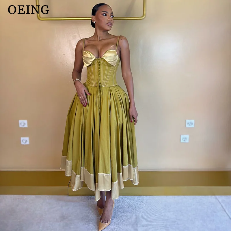 OEING Simple Olive Green A-Line Prom Dresses Spaghetti Strap Contrast Color Midi Party Dress Corset Cocktail Dress Customized