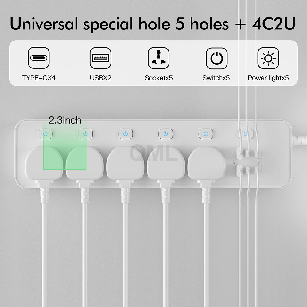 EU UK Plug 2M Extension Wire 5 Output Universal Power Socket Board 3250W 250V Power Strip with USB Port Network Filter Adapter