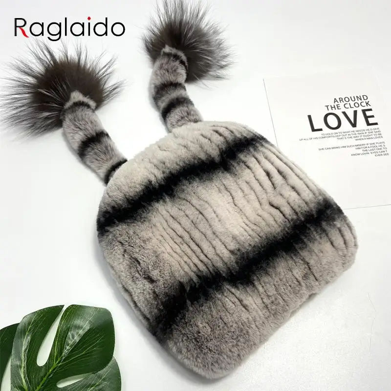 

Winter Fur Hats Women Girls Natural Knitted Rabbit Fur Tails Balls Warm Stylish Hat