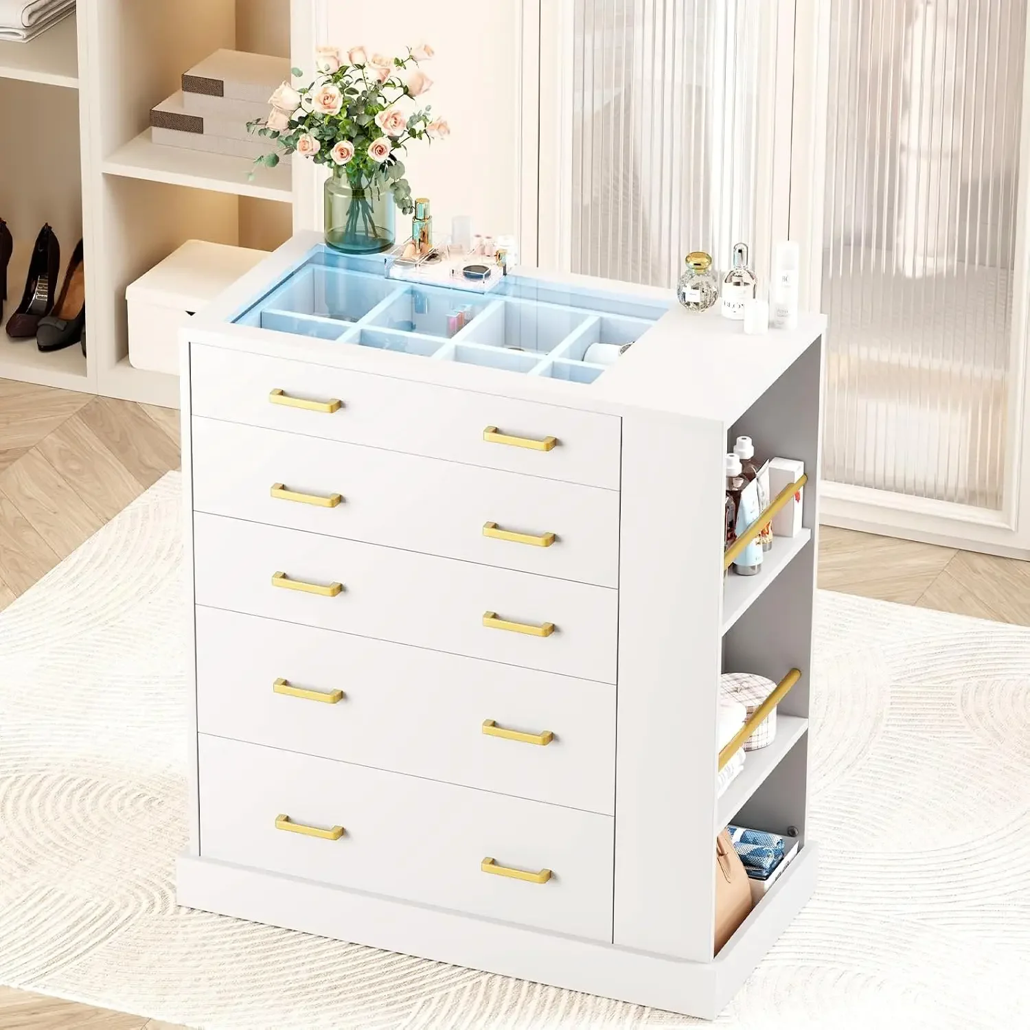 Closet Island with Open Shelves, Modern Glass Top Dresser with LED Lights, Tall Chest of Drawers with Jewelry Organizer for Bedr view 3