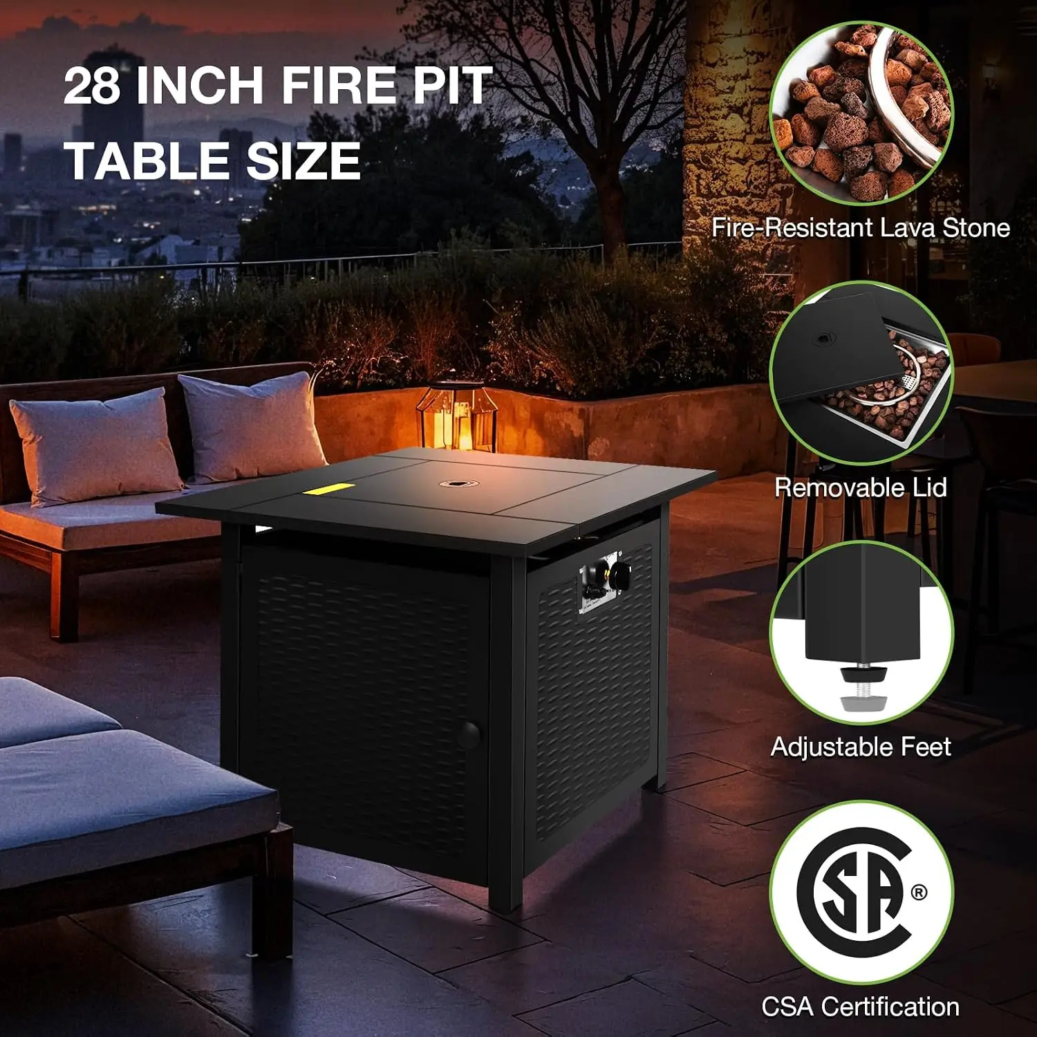 28 inch Fire Pit Table, 50000 BTU Patio Heater, 2 in 1 Outdoor Gas Fire Pit with Removable Lid & Lava Stone, CSA-Certified for G
