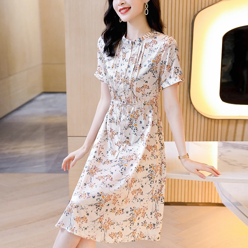 Elegant Dresses for Women 2026 Summer Short Sleeve Chic Floral Print Women's Real Silk Dress A-line Woman Vintage Long Dress