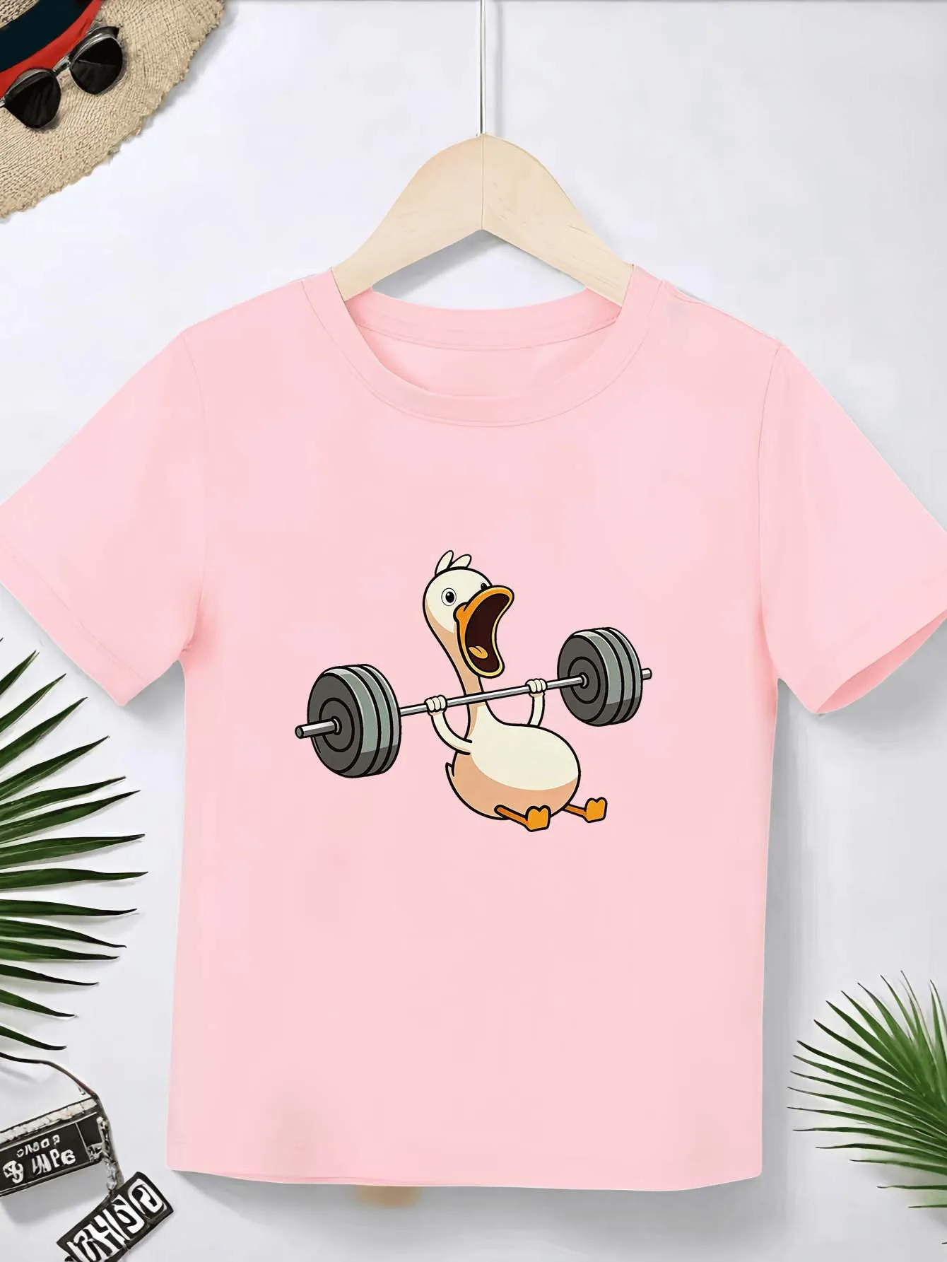 Weightlifting Duck Cartoon Print Boys Girls T Shirt Funny Animal Kids Tee Parent Child Matching Casual Summer Family Daily Tops
