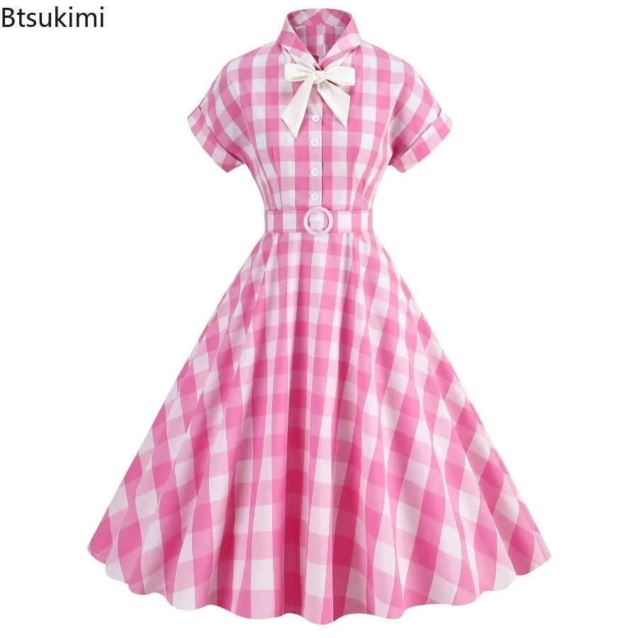 

2025 Hepburn Style Pink Retro Vintage Casual Dress Bow A-Line Plaid Elegant Large Skirt Dress Runway Rockabilly Birthday Dress