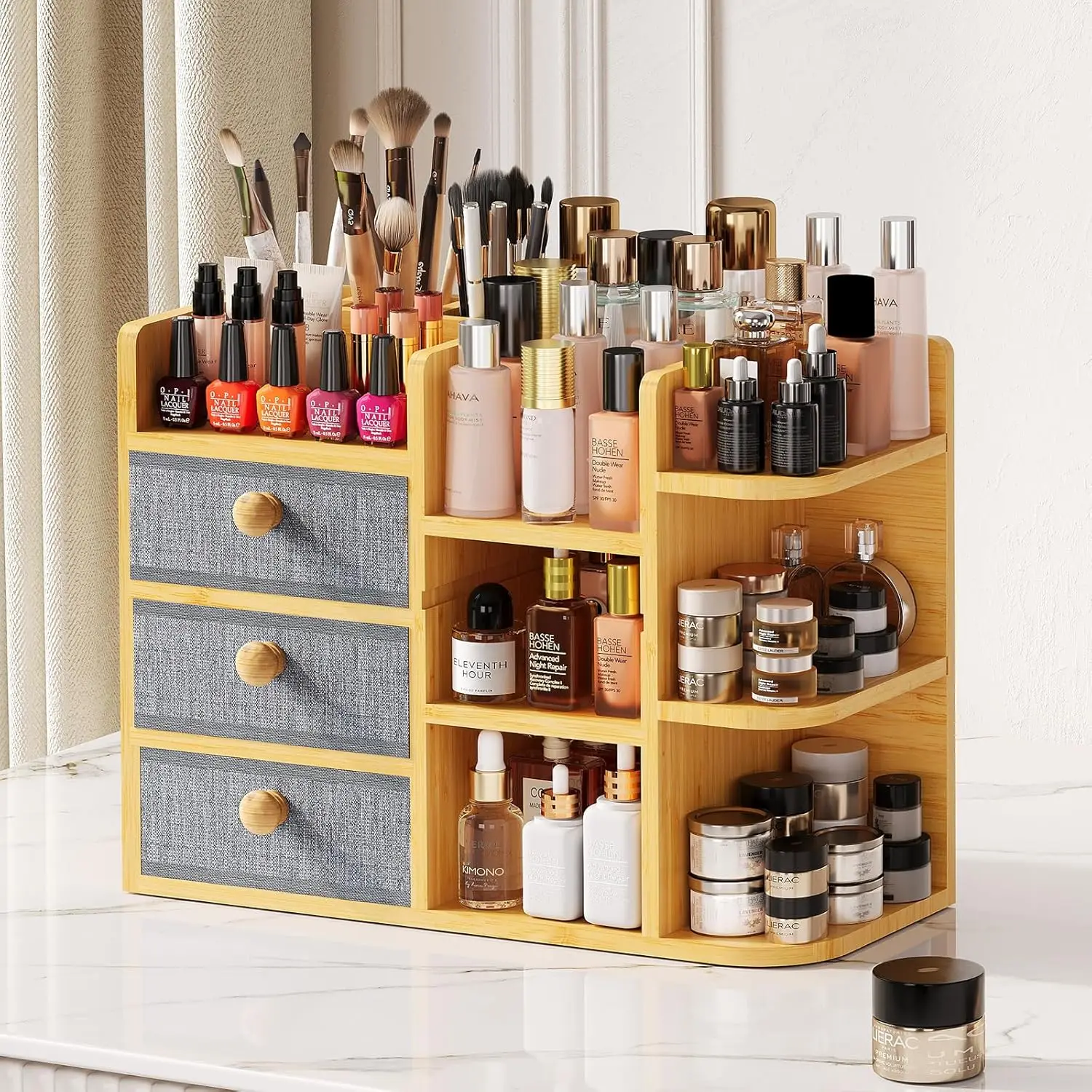 

Large Bamboo Makeup Organizer with 3 Drawers & Brush Holders, Multi-Tier Storage for Vanity and Bathroom