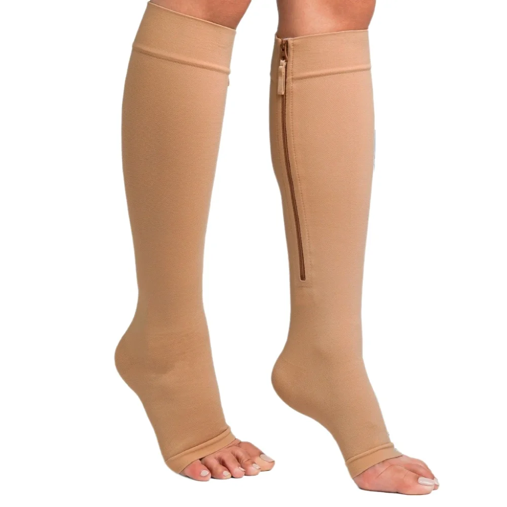 

1 пара компрессионных носков с открытым носком на молнии, 20-30 мм рт. ст., компрессионные чулки до колена без пальцев для женщин и мужчин, облегчение варикозного расширения вен