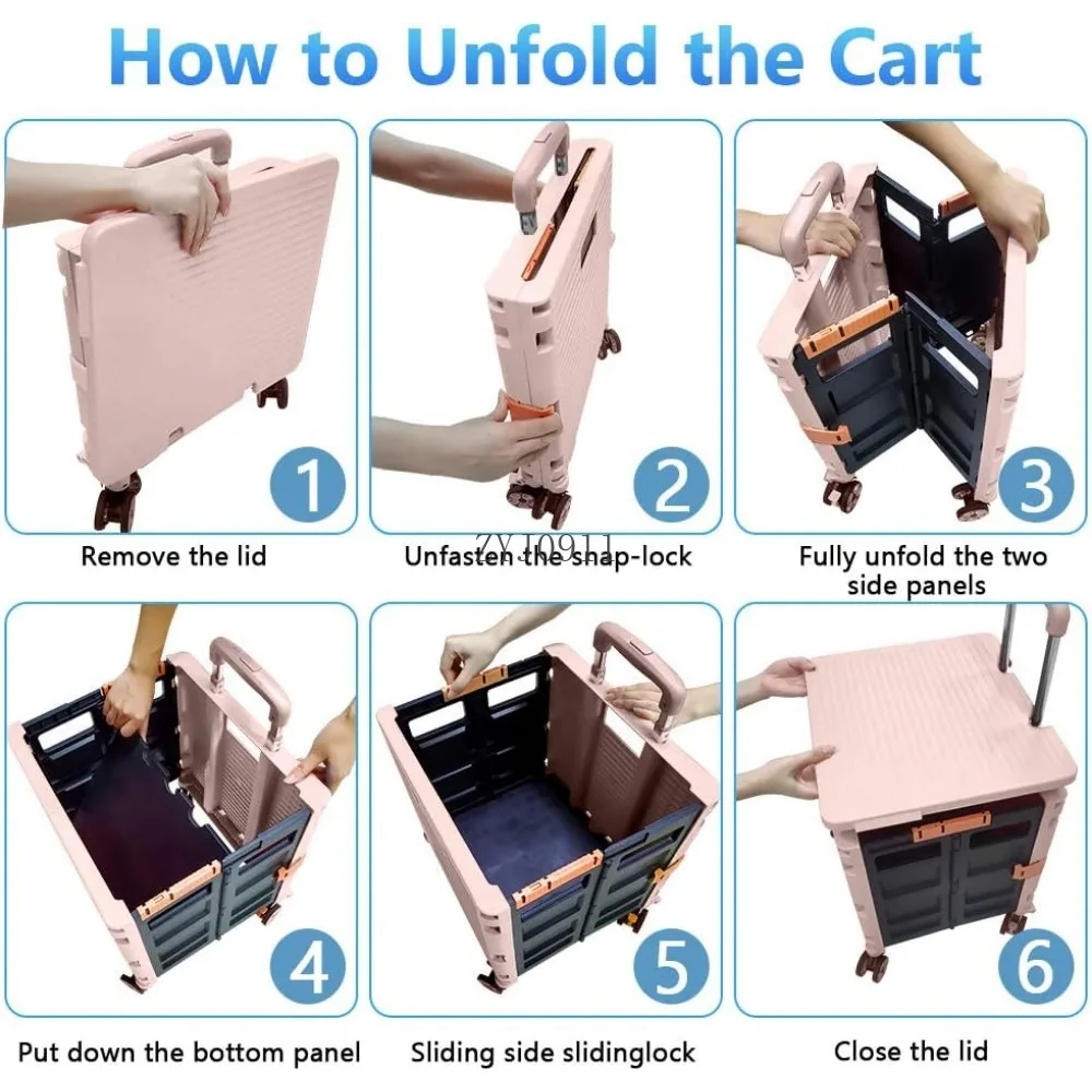 FELICON SELORSS Foldable Utility Cart Folding Portable Rolling Crate Handcart with Durable Heavy Duty Plastic Telescoping Handle