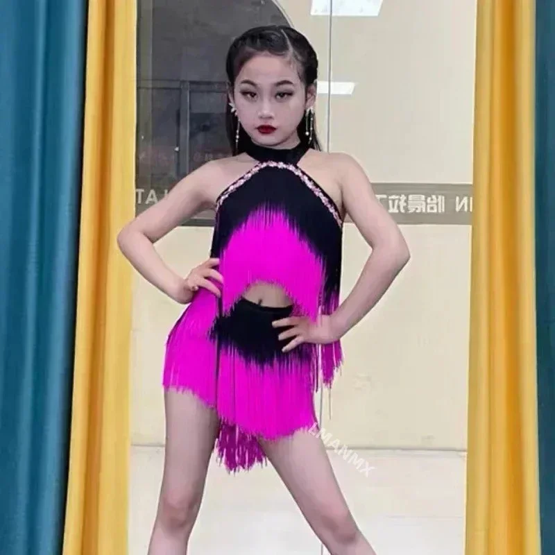 

Skirts Child Latin Ballroom Tango Dancewear New Pink Black Latin Fringes Dance Costume Girls Latin Tassels Dress