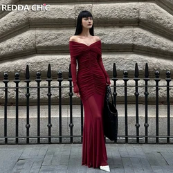 REDDACHiC Sexy V-neck Ruched Evening Dress Women Red Retro Long Sleeve Sheer Mesh Fishtail Maxi Long One-piece Formal Party Gown