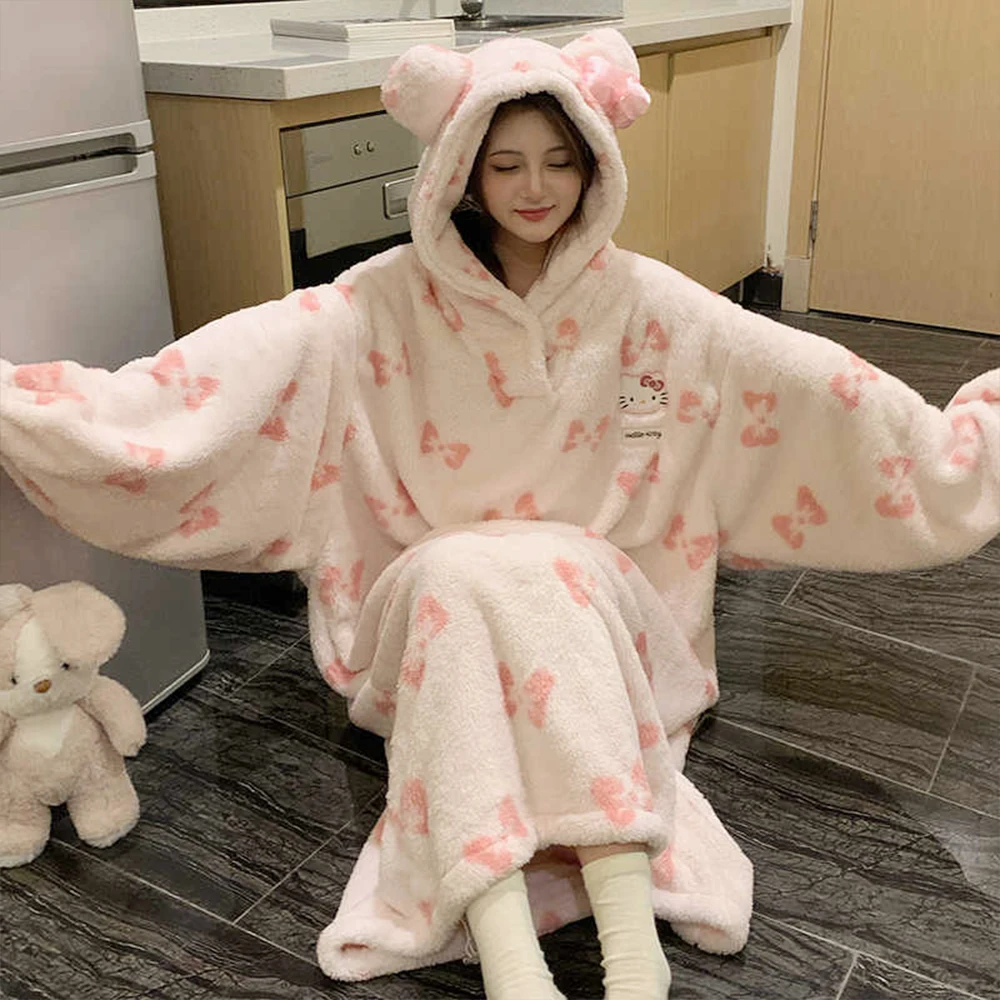 Anime Hello Kitty Women Plush Nightgown Robe Sanrios Cartoon Kawaii Homewear Winter Long Style Thickened Loose Nightgown Dress