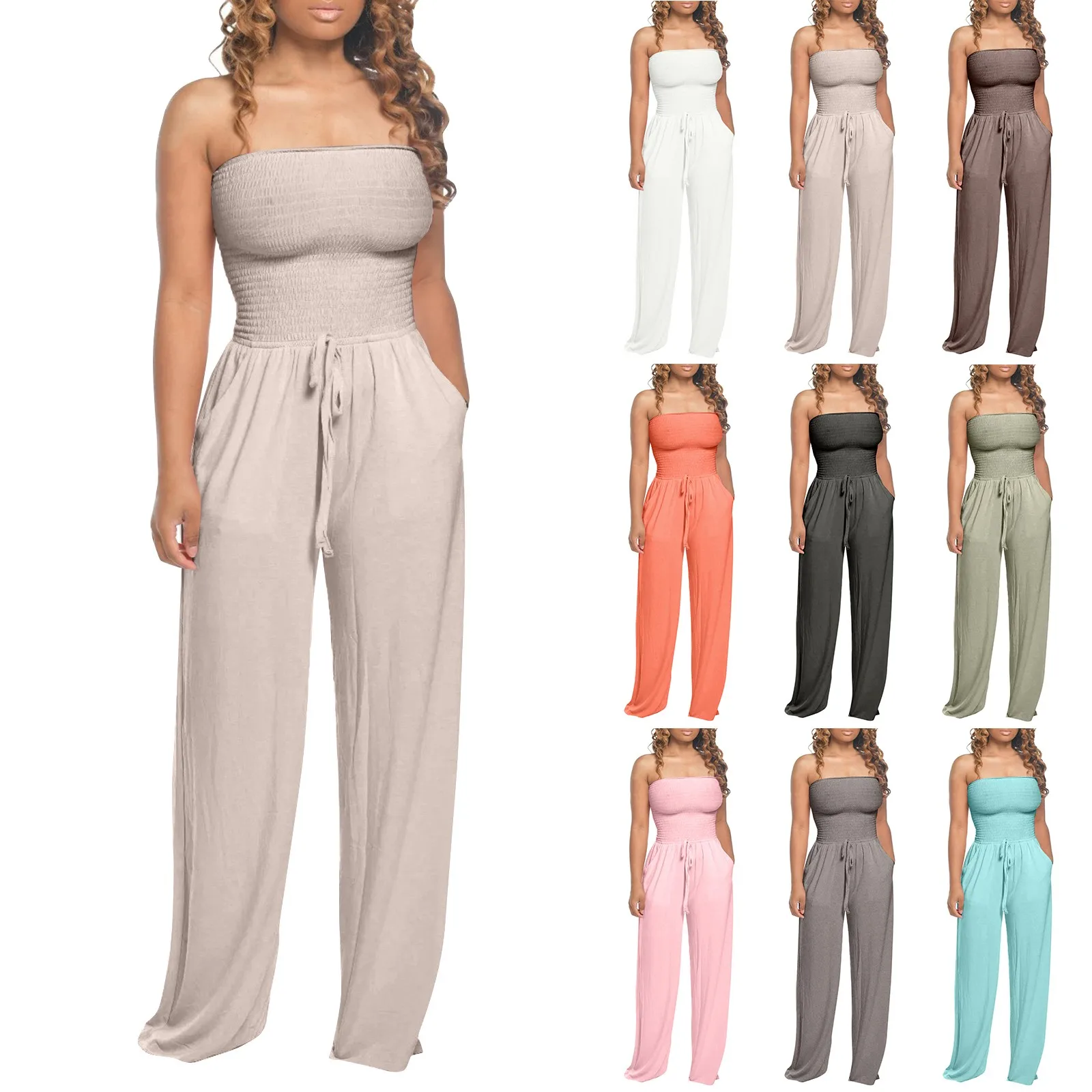 Flat Shoulder Wrap Chest Jumpsuit Fashion Casual  Loose Wide Leg Jumpsuit Summer Daily Commute Solid Elegant Elasticity Rompers