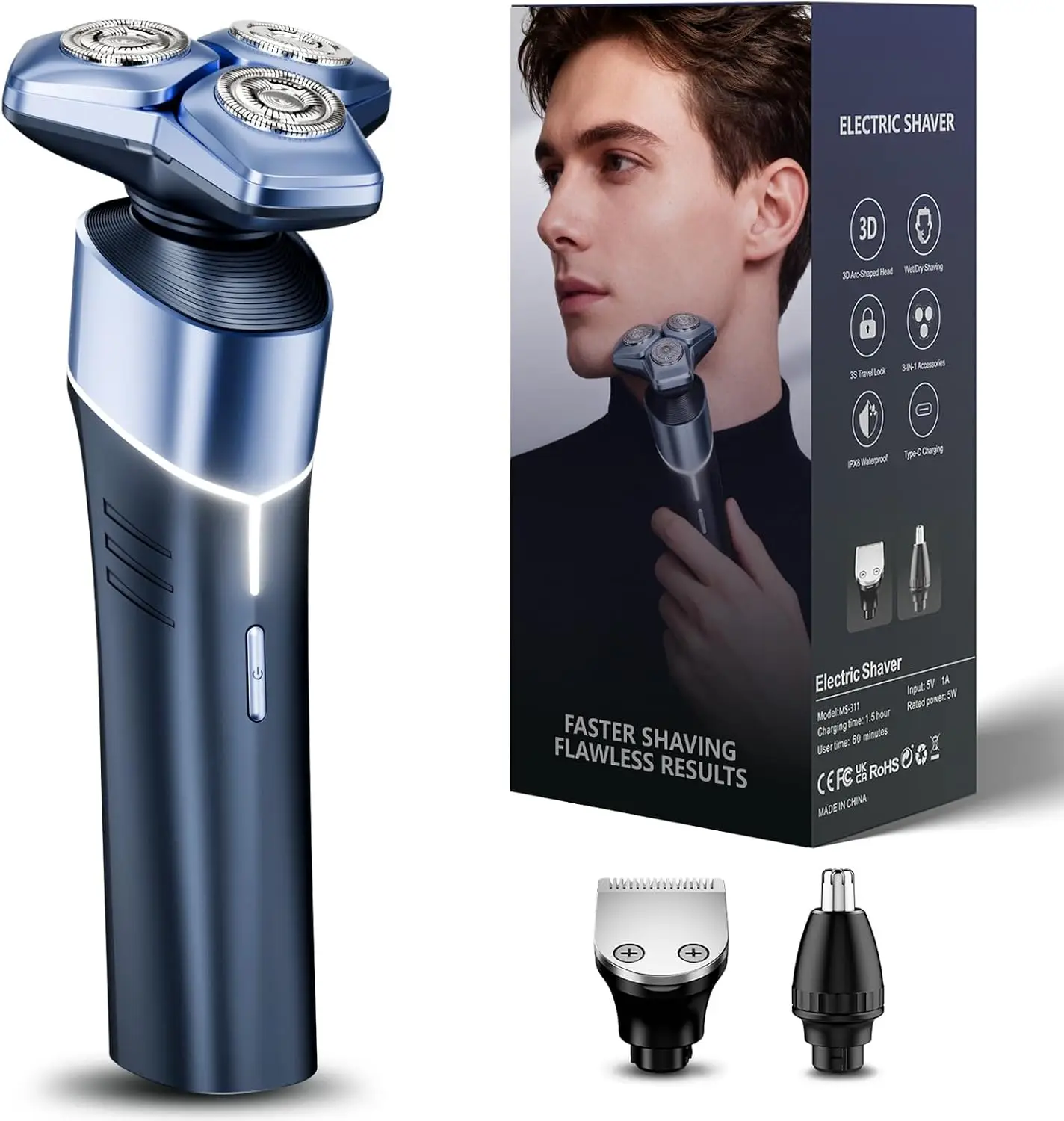 3-in-1 Rotary Electric Razor for Men, Hair Clipper and Nose Hair Trimmer Included, 10,000 RPM High-Speed Motor, 3D Floating Heads, USB-C Rapid Charging, IPX8 Waterproof, Travel Lock, Cyber Blue