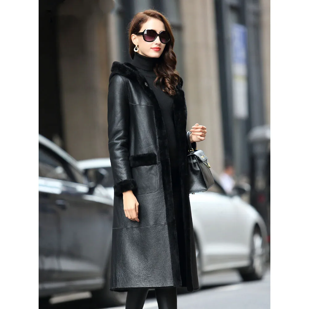 Fell einteiliges Mantel 2022High-end frauen Doppelseitige Tragen Leder Jacke Winter Dicke Kapuze Lange Schafe Lammfell leder Mantel