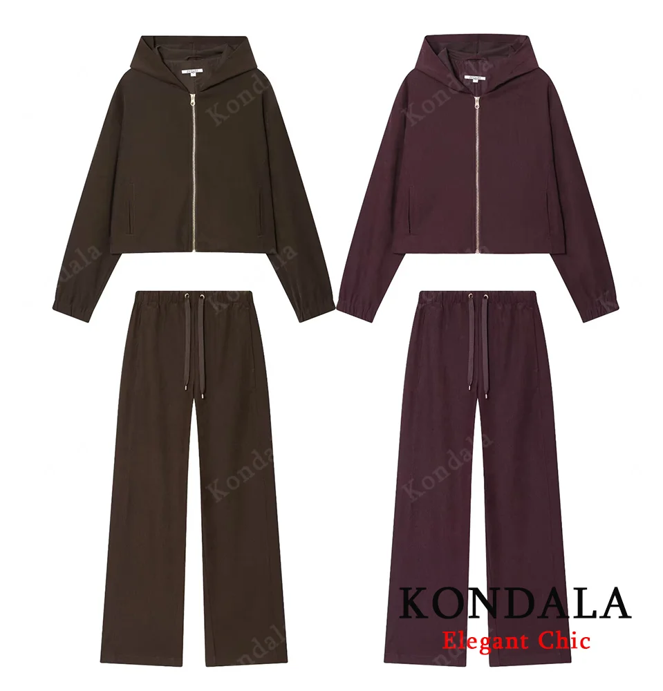 KONDALA automne femmes pantalon décontracté ensemble veste de pilote à capuche, pantalon à cordon 2025 printemps/automne mode Simple polyvalent dame ensemble