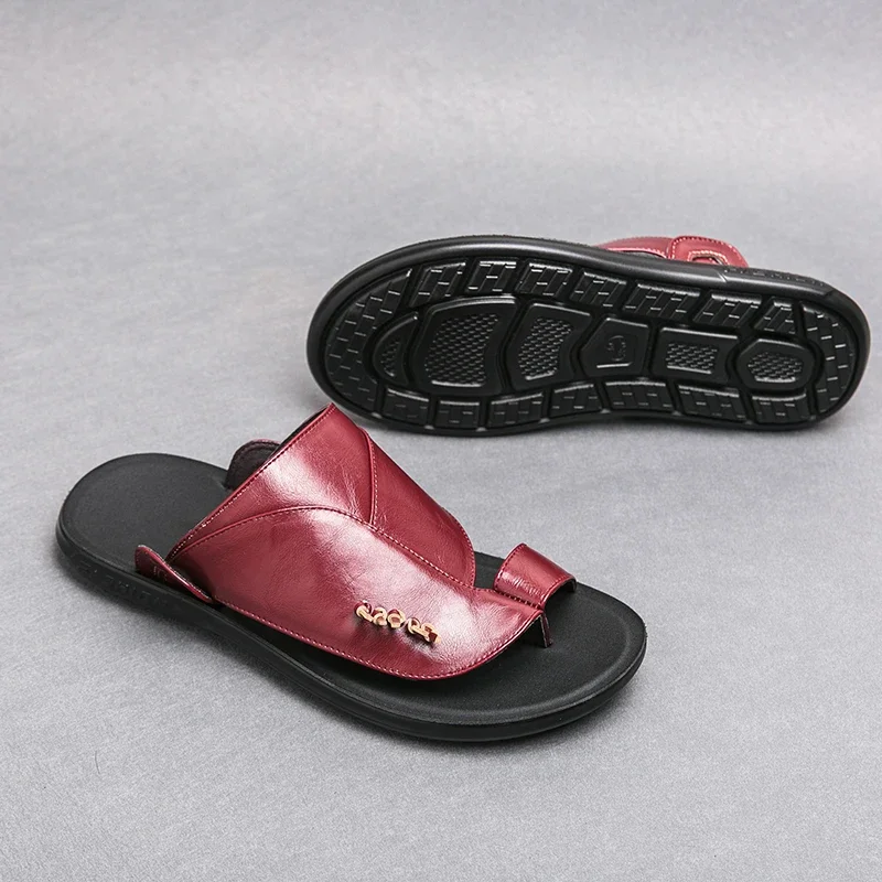 New Black Sandals Slippers for Men Brown Red Casual Sandals for Men Handmade Pu Leather Size 38-45