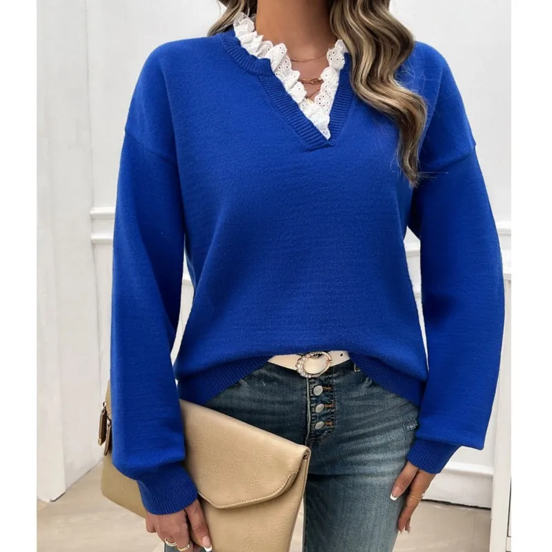 

Lace V-neck Sweater For Autumn And Winter Women's Clothing Loose And Casual Long Sleeved Comfortable And Breathable Sweater