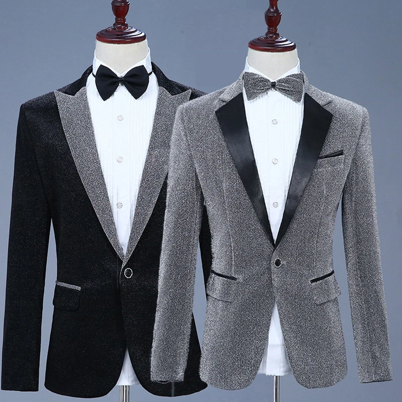 New Men Luxury Shiny Jacket Men's Nightclub Prom Suit Costume 2 Peice Set Lapel Blazer with Bow Tie Groomsmen Singer Clothes