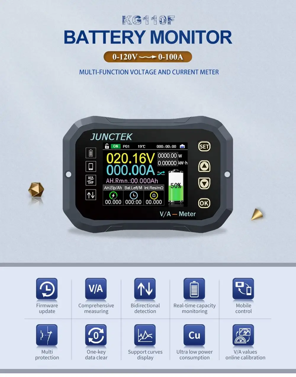 Monitor baterai Bluetooth KG140F DC 0-2. 120V 100A penguji baterai arus tegangan baterai Coulomb Meter alat indikator kapasitas