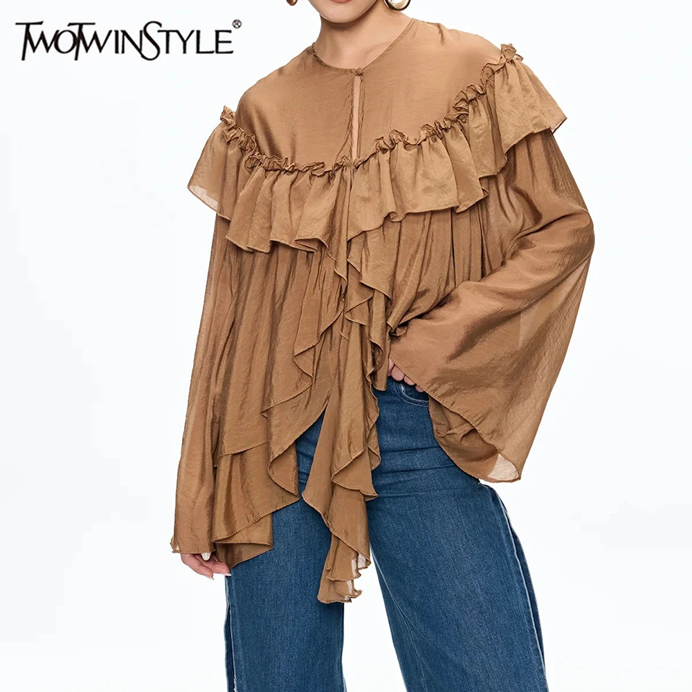 

TWOTWINSTYLE Solid Loose Spliced Ruffles Folds Fashion Blouses for Women Round Neck Long Sleeves Irregular Blouse Female Clothes