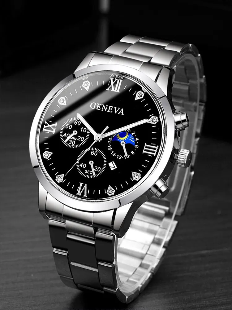 2PCs Men\'s Fashion Business Calendar Round Steel Band Quartz Watch+Chain Bracelet Set