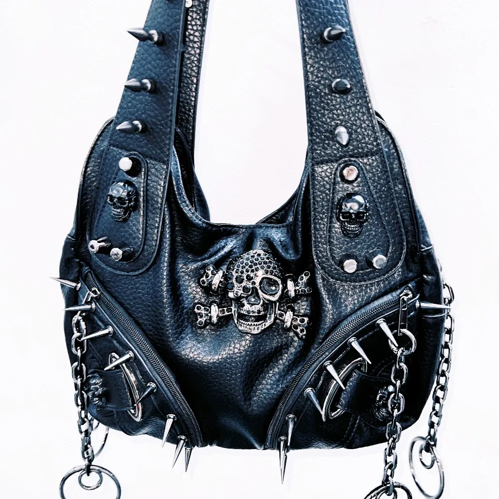 Rivet Skull Bag Goth Punk Shoulder Bag Original Punk Style Black Leather Hip Hop Rock Metal Bag