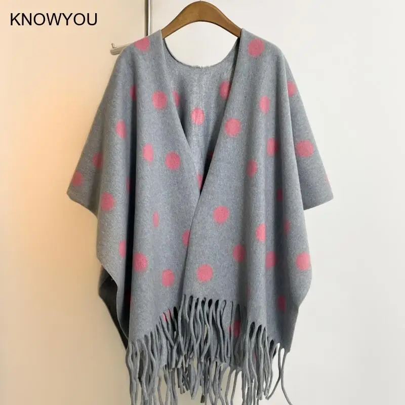 Polka Dot Shawl Big Size Split Wraps Women Warm Imitation Cashmere Pashmina Long Tassels Echarpes Autumn Winter Outwear Coat