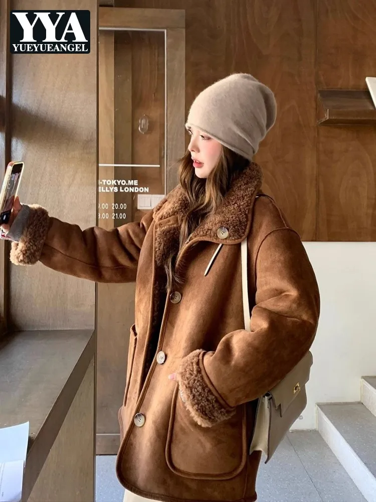 Women Reversible Wear Faux Fur Jacket Stand Collar Single Breasted Coat Winter Retro Loose Fit Fashion Korean Style Overcoat