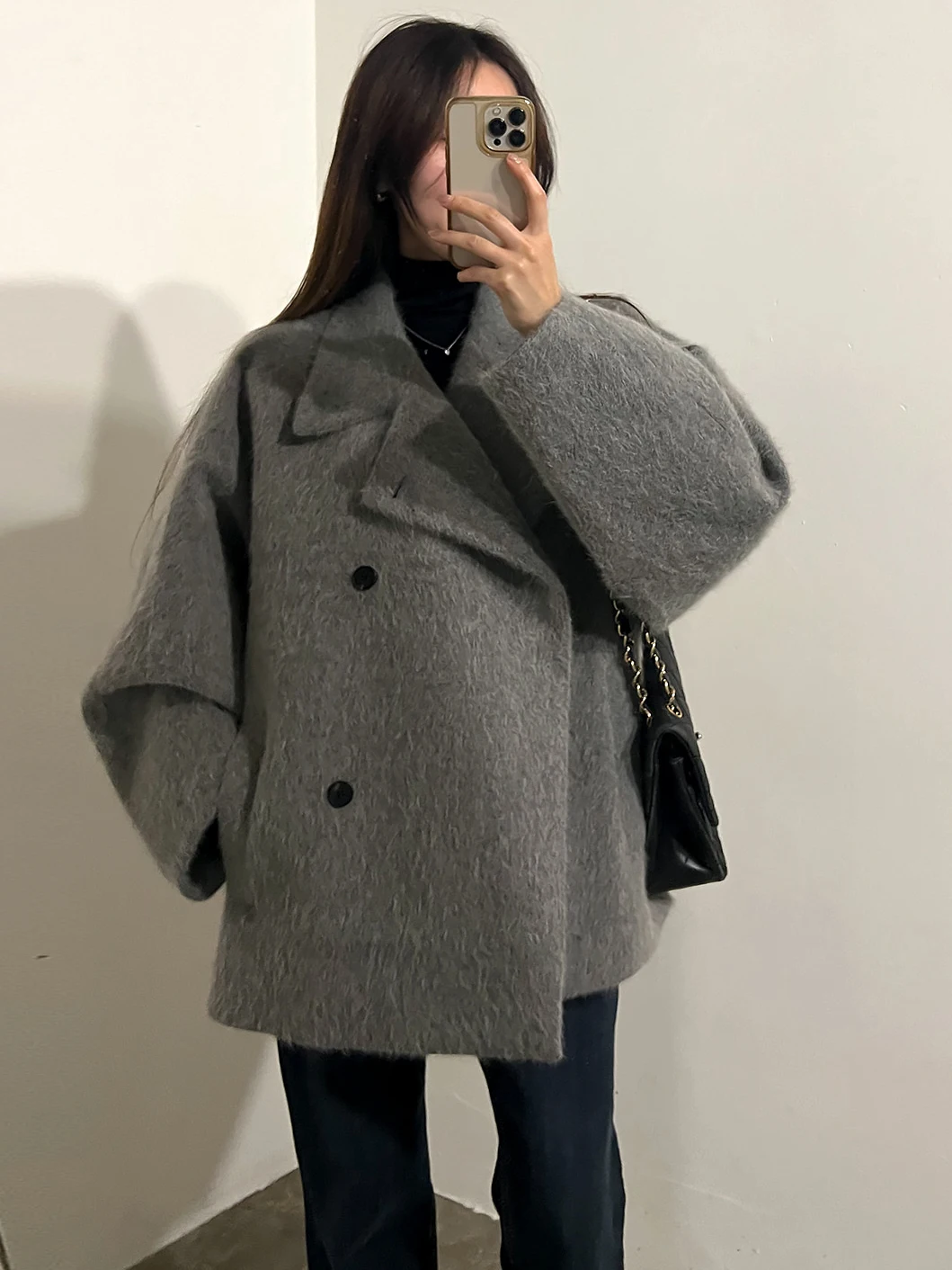 Casaco de lã retrô Briti Sle Thiened feminino solto lapela trespassado Faionable e Sli